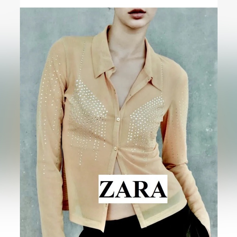 ZARA Embroidered Rhinestone Sequin Beaded Shirt Jewel